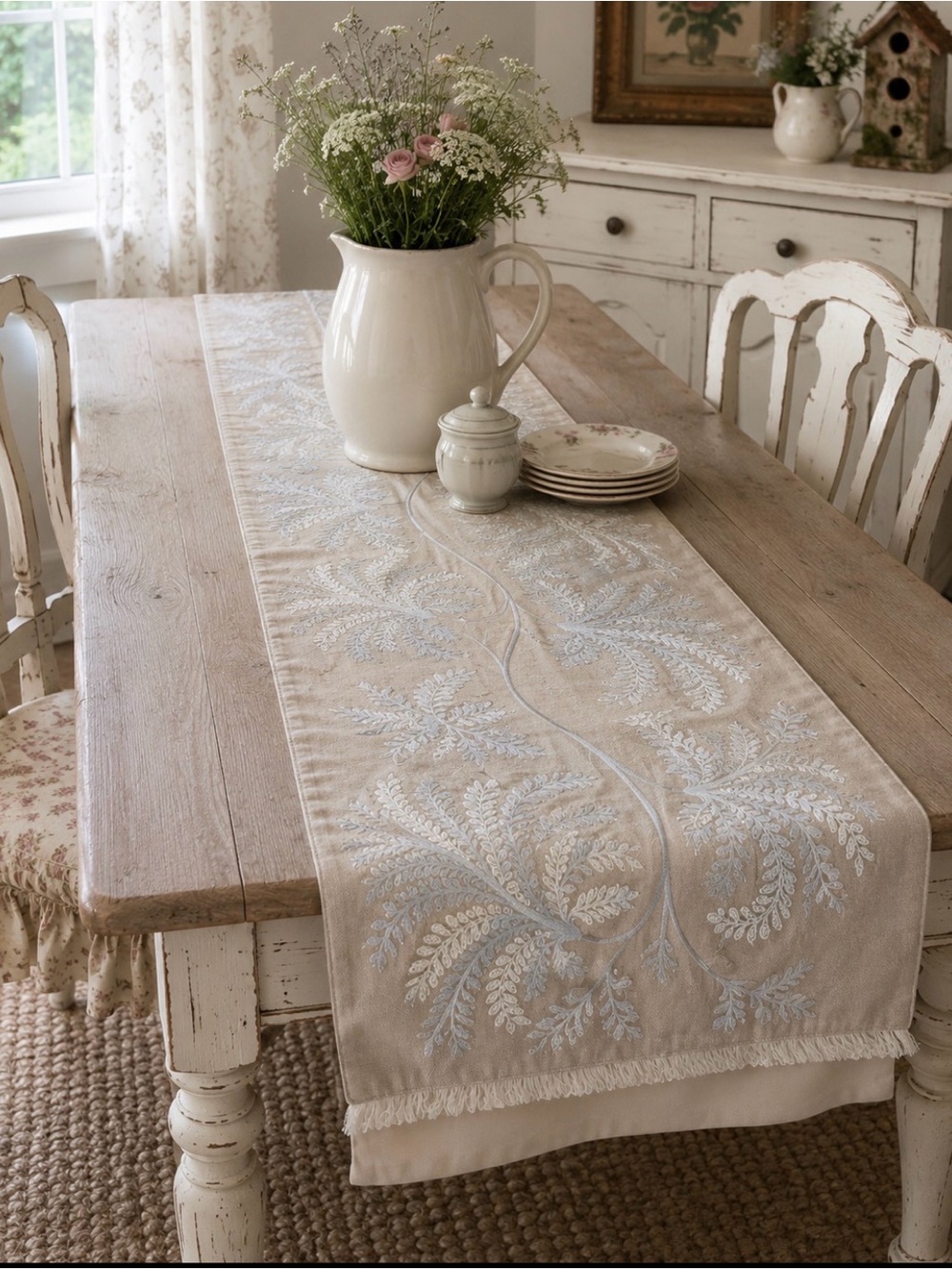 Nicole Miller Beige Embroidered Botanical Table Runner